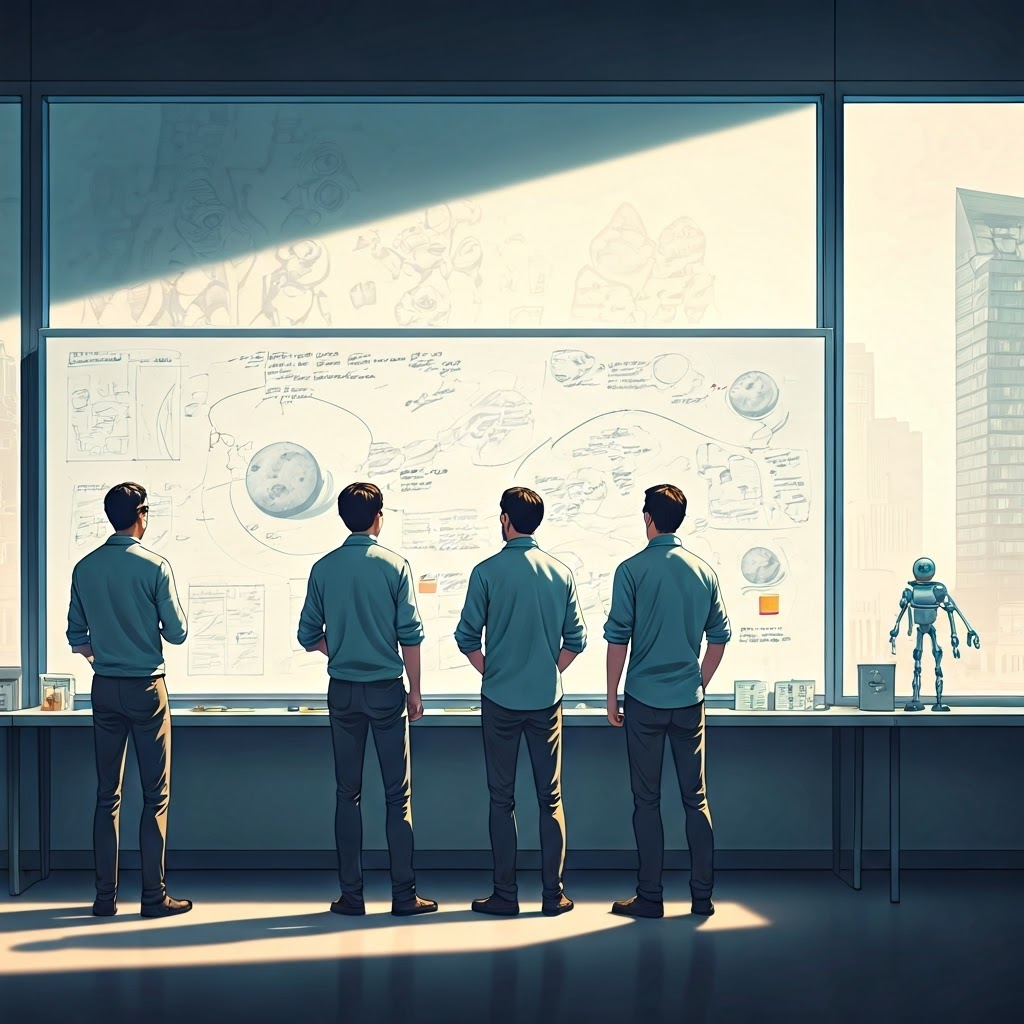 Design studio with engineers surrounding a whiteboard filled with rocket and lunar lander sketches connected by arrows showing mission flow.