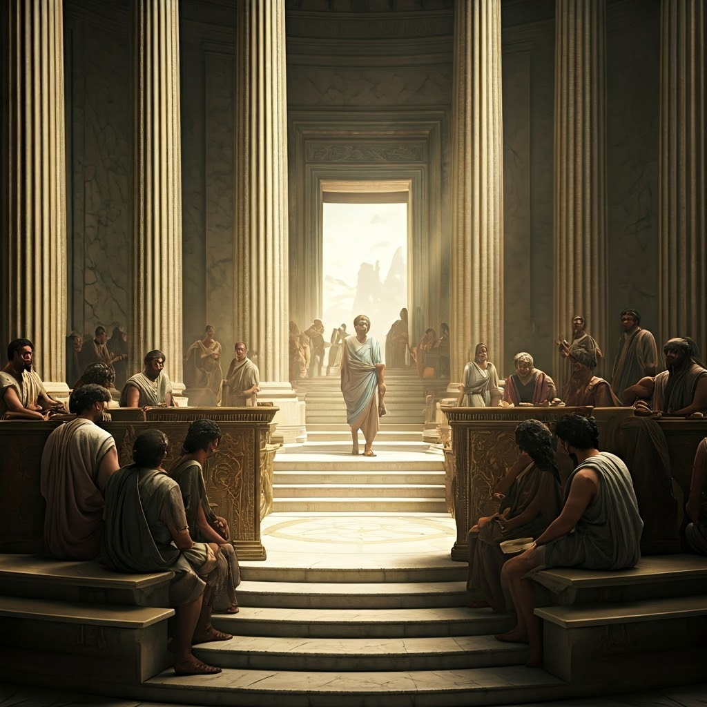 Inside a marble hall, diverse Athenians debate and record decisions on tablets.