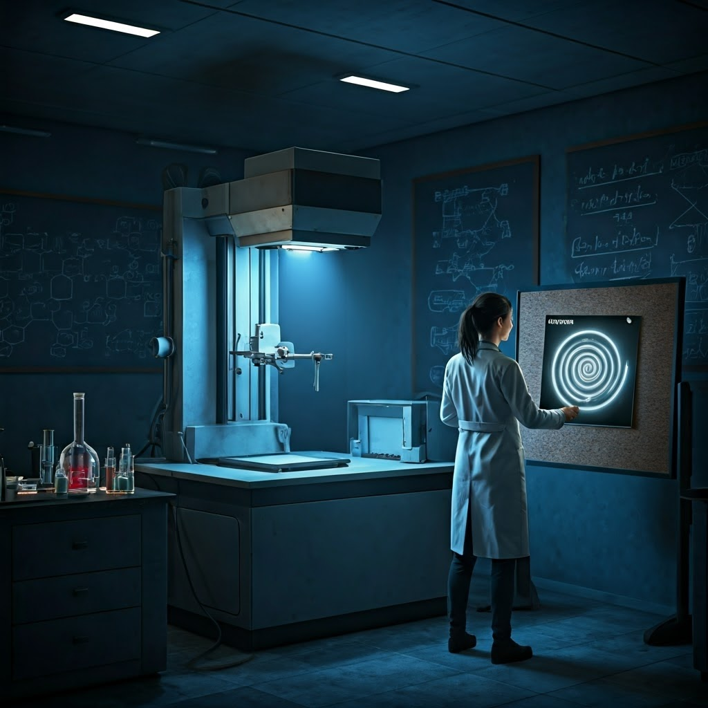 Rosalind Franklin studies Photograph 51, the X-ray image hinting at DNA’s double helix.