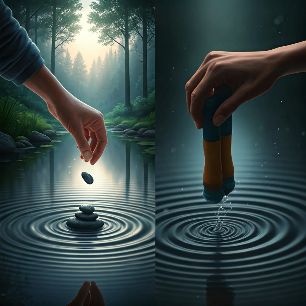 Concentric ripples on a pond beside a jump-rope wave, both illustrating motion that carries energy rather than matter.