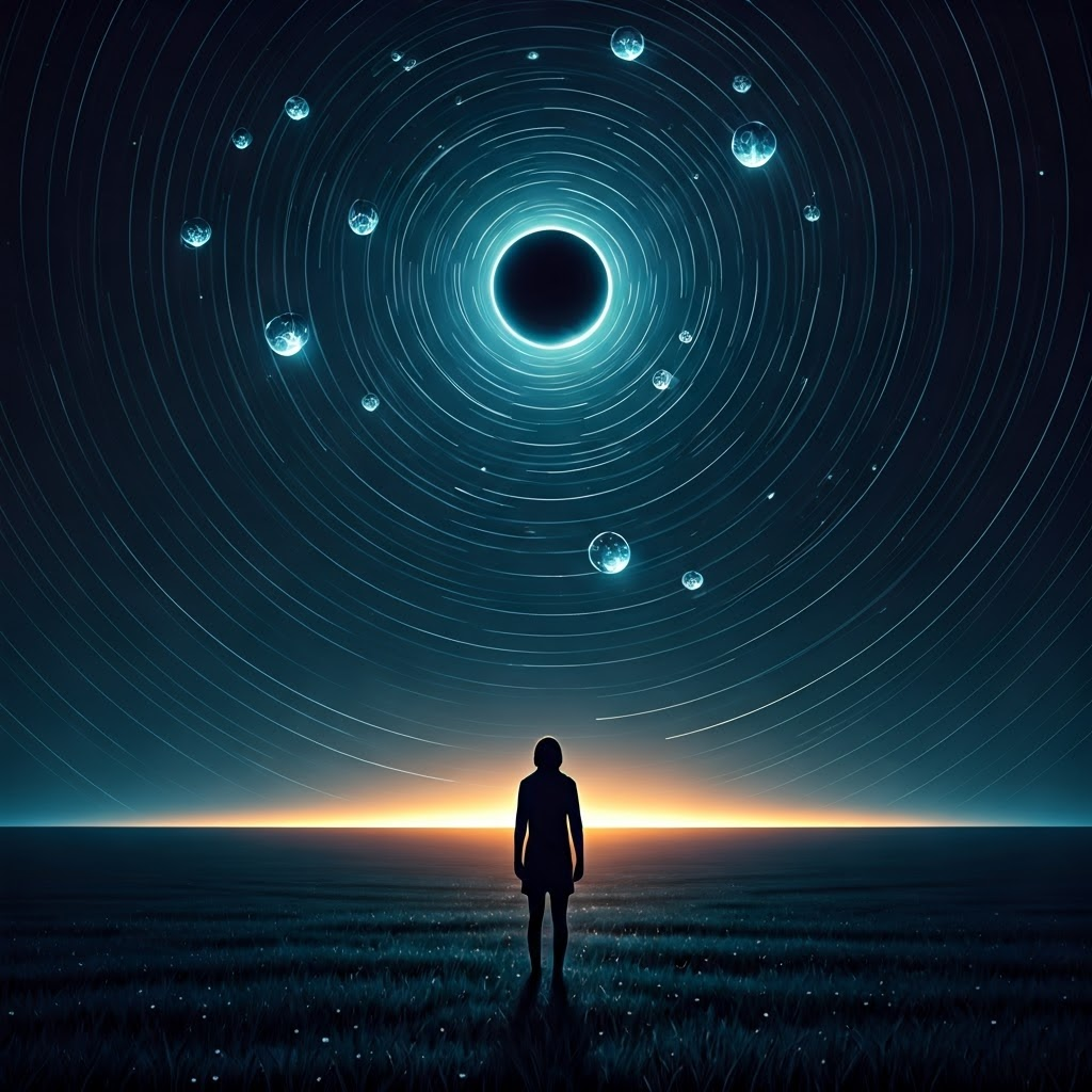 A solitary figure in a dew-covered meadow watches glowing crystal spheres orbit a dark Earth beneath a star-filled indigo sky, hinting at ancient geocentric beliefs.