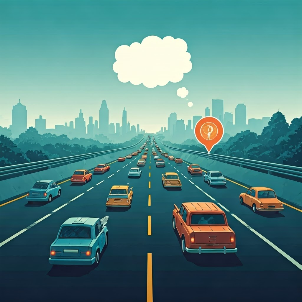 Crowded neural highway with one driver calmly rerouting, symbolizing flexible planning.