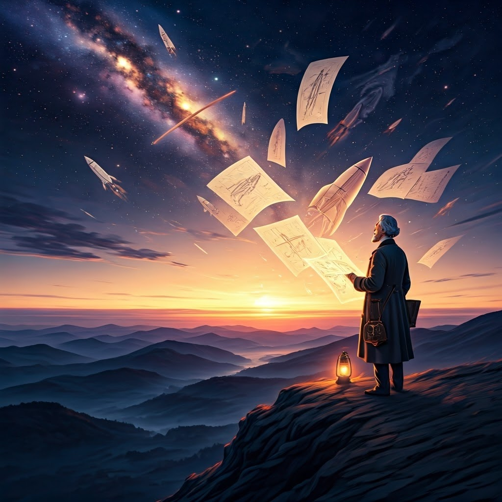 A late-1800s Russian teacher stands on a cliff at twilight, steam-era gadgets by his side, gazing at sketches of early rockets against a galaxy-filled sky