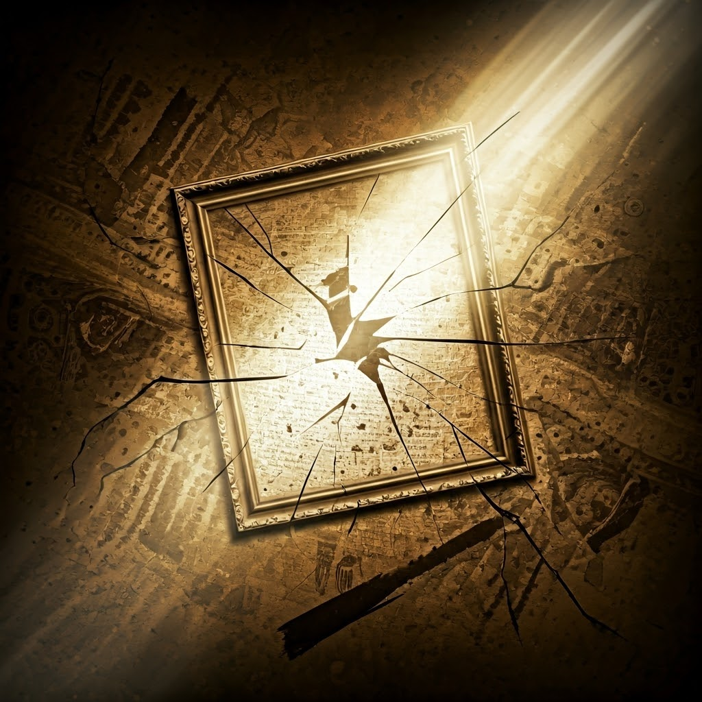 Floating broken picture frame amid cultural fragments, evoking destruction and ongoing transformation of traditions.