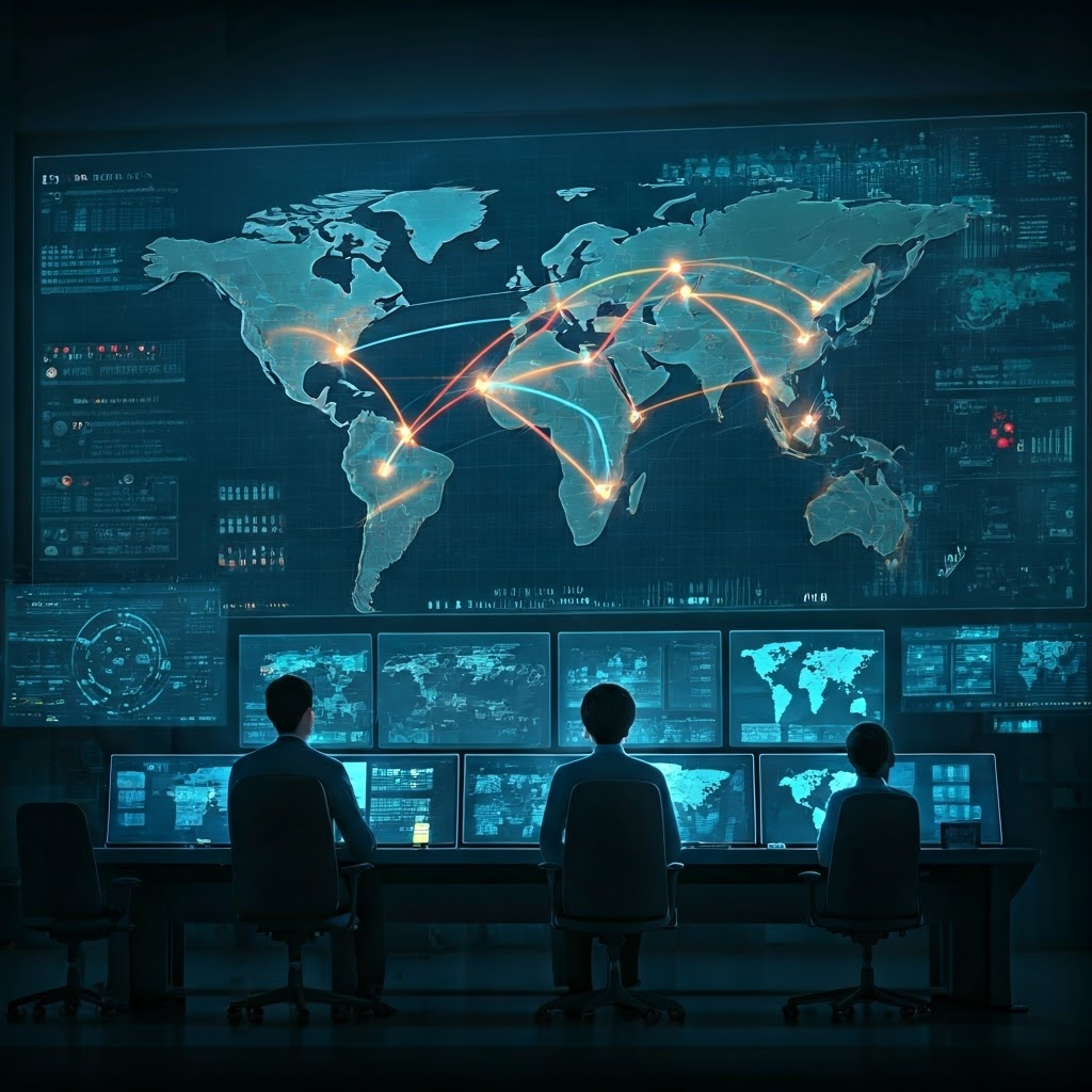 Global shipping routes update on holographic maps inside AI logistics hub.