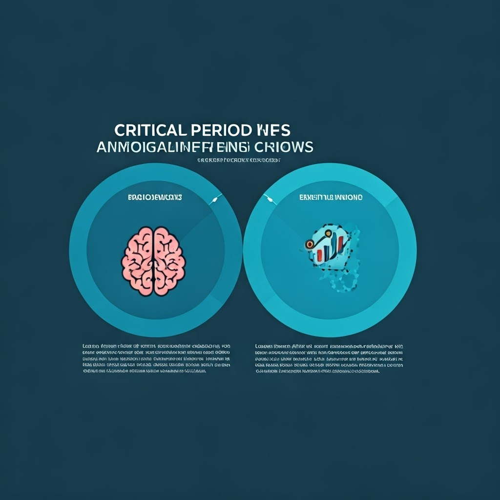 Flat infographic of overlapping circles for critical periods and sensitive windows, clock and brain icons inside.