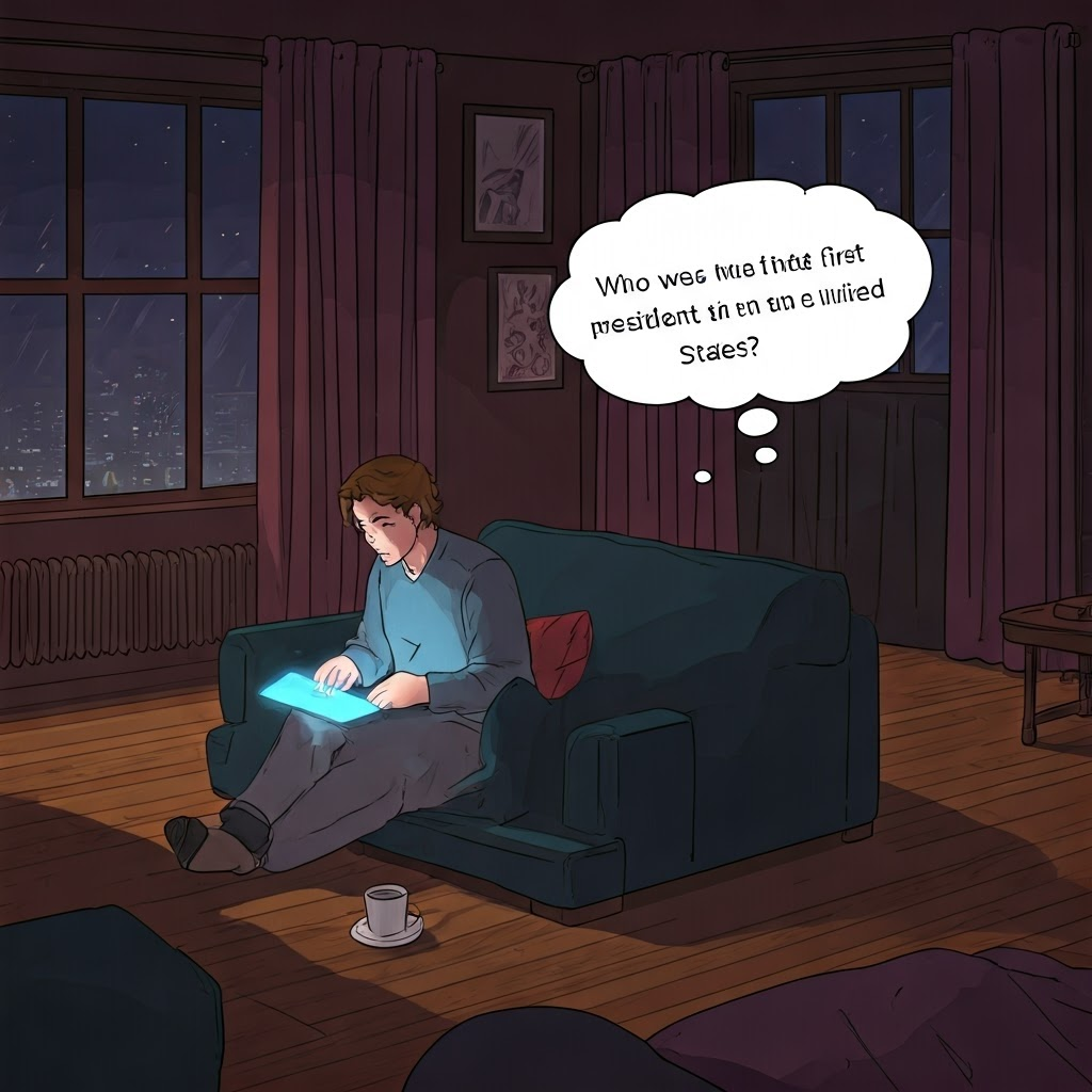Comic-style scene of a person answering a trivia question on a smart display while remembering meeting someone with the same name, linking semantic and episodic recall.