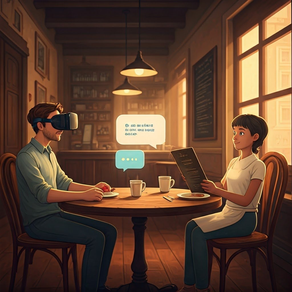 Learner in VR café practices ordering food with an avatar waiter, speech bubbles displaying dialogue.