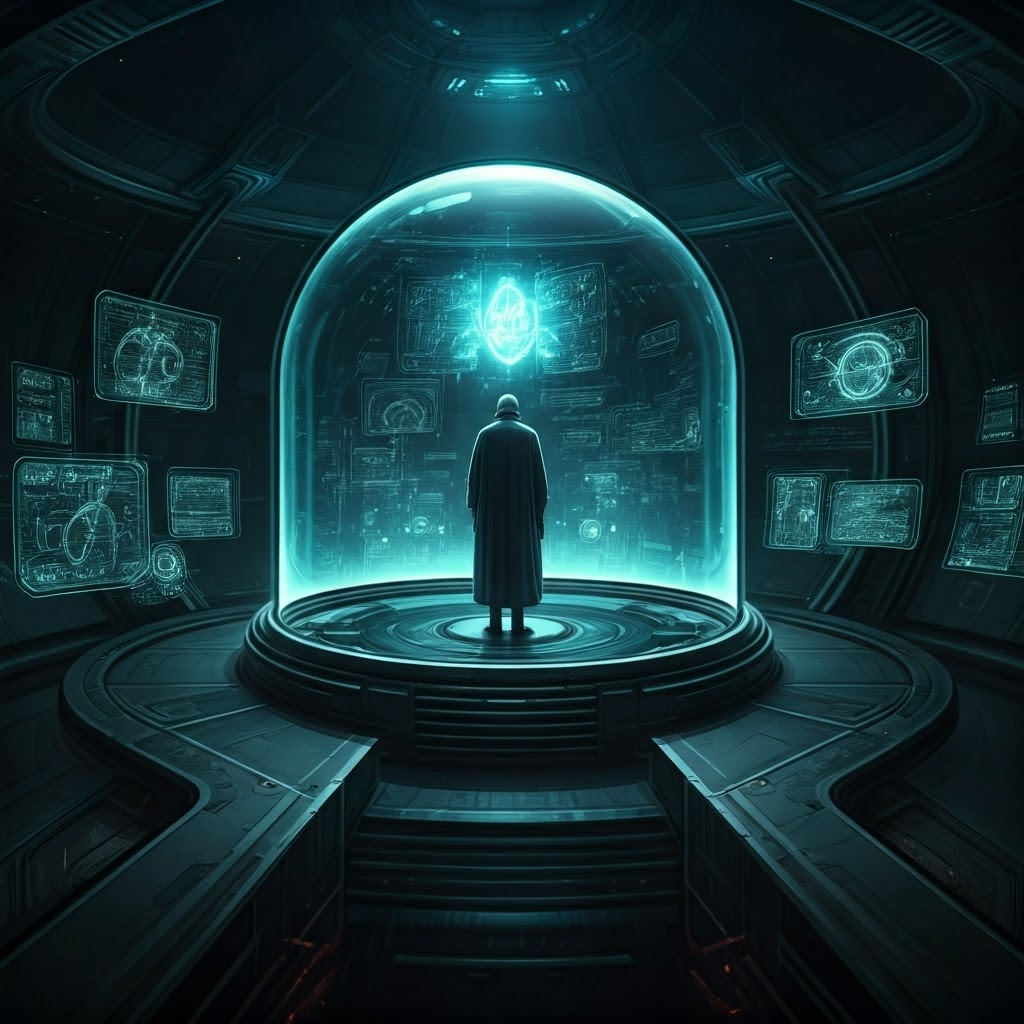 Leader figure in a glass dome monitoring glowing brain pathways, hinting at balanced control.