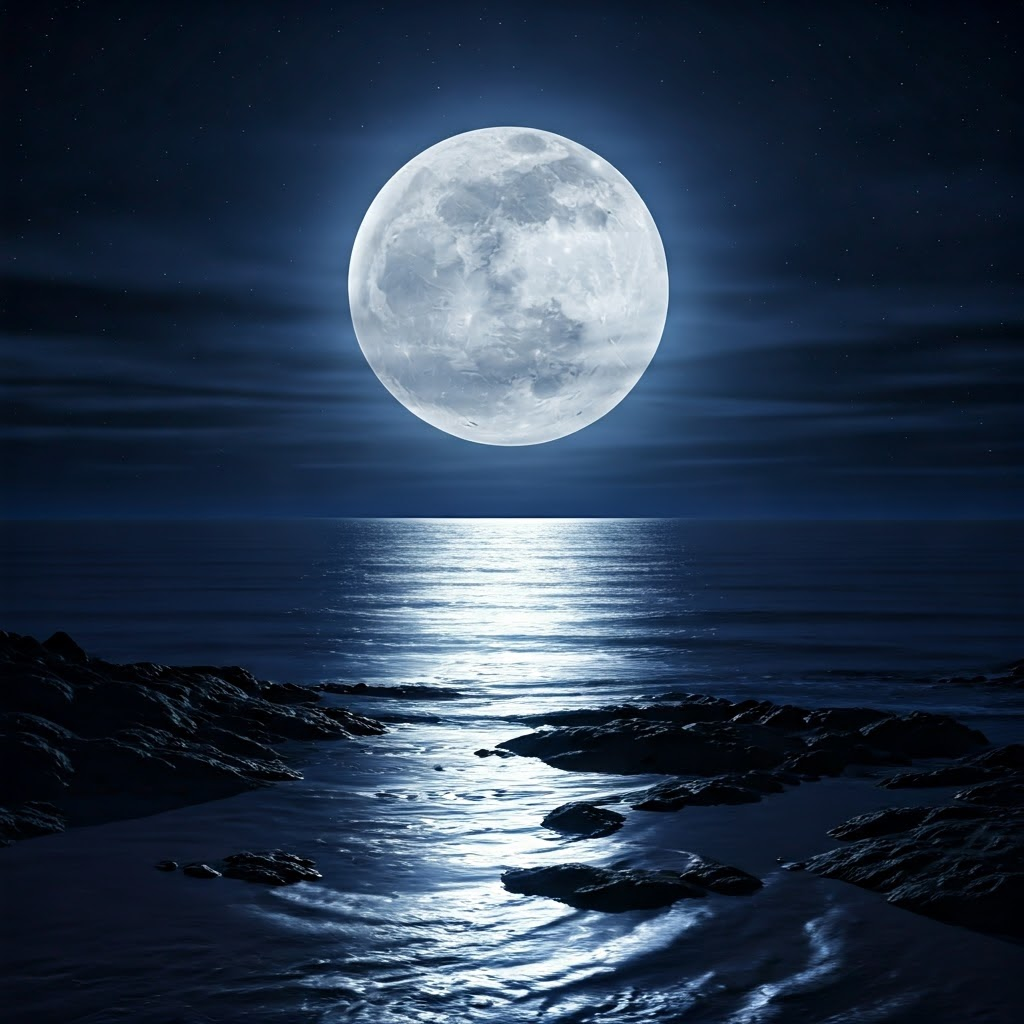 A luminous full Moon hangs over calm ocean water, its silver reflection rippling toward rocky tide pools.