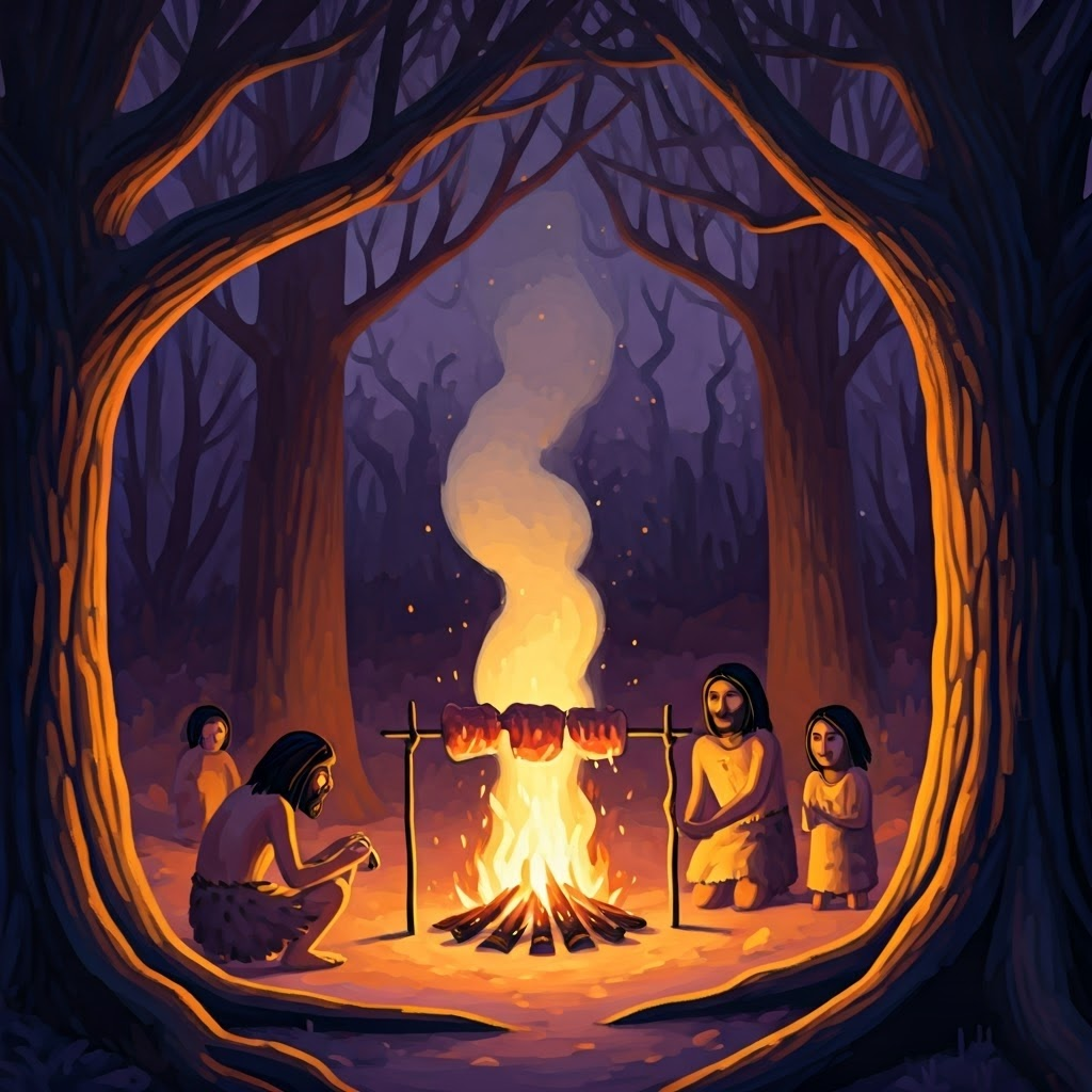 Humans roast meat and heat sap beside glowing embers under purple sky.