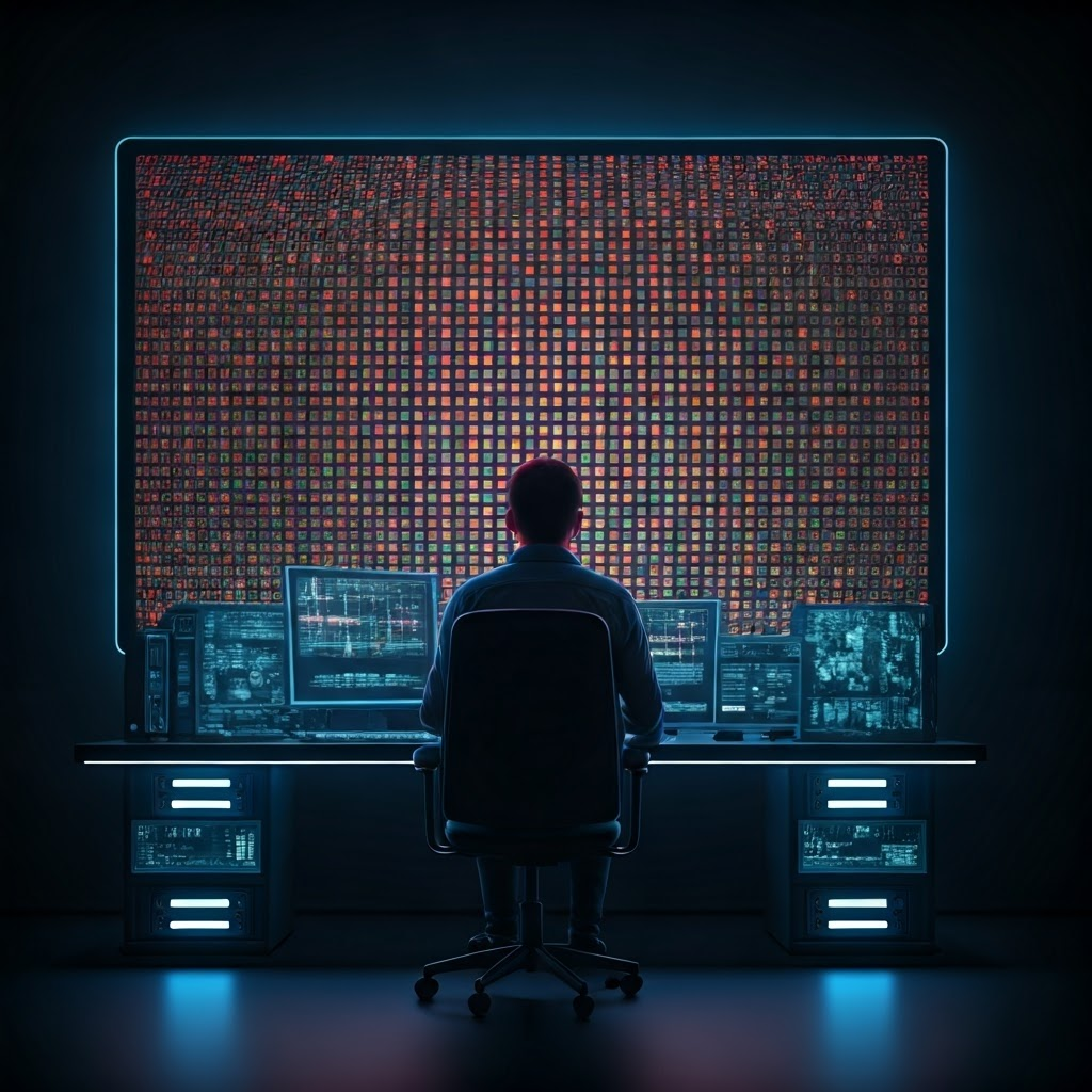 Close-up view of a brightly lit pixel grid on a large monitor, showing red, green, and blue squares in a neon cyberpunk studio