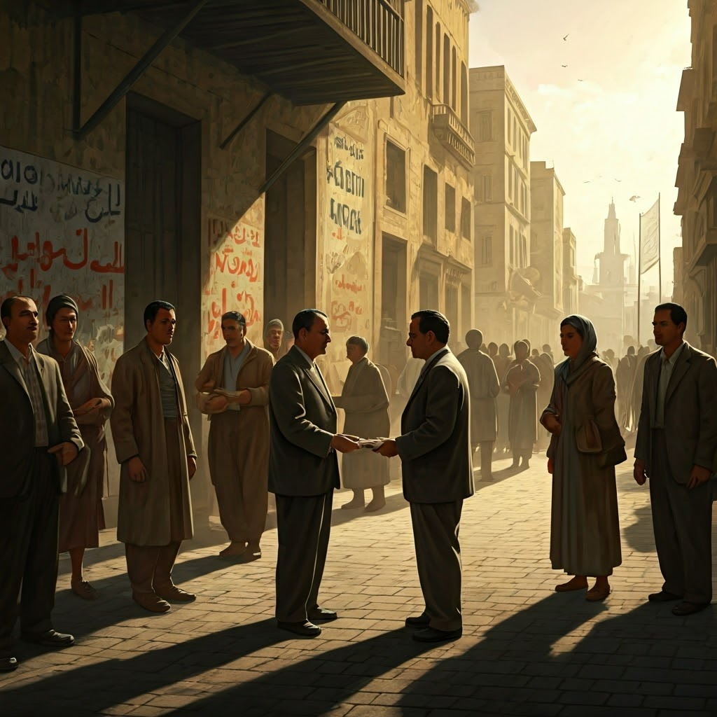 1950s Cairo street: locals debate slogans, CIA agent hands briefcase to official, bread lines in view—everyday life amid covert deals