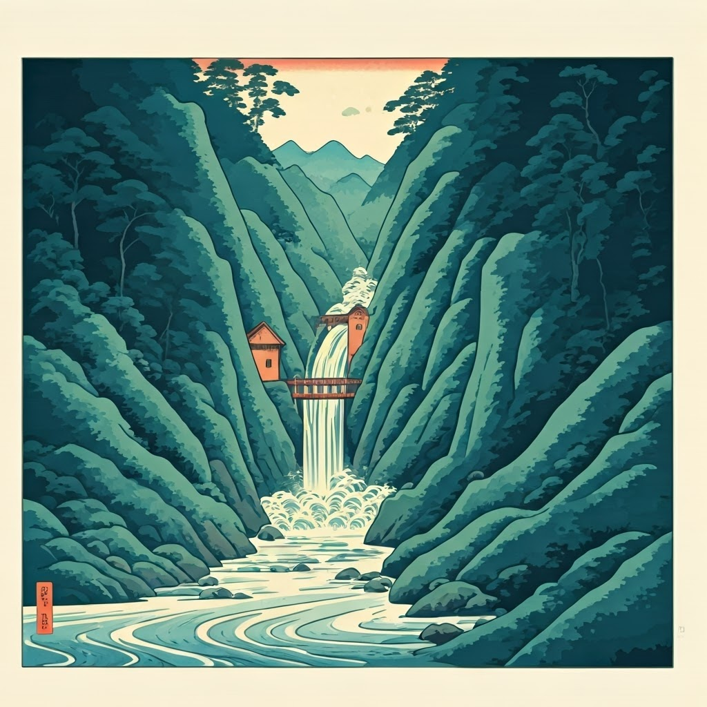 Minimalist woodblock print of mountain river channeled through a pipe to a hidden turbine