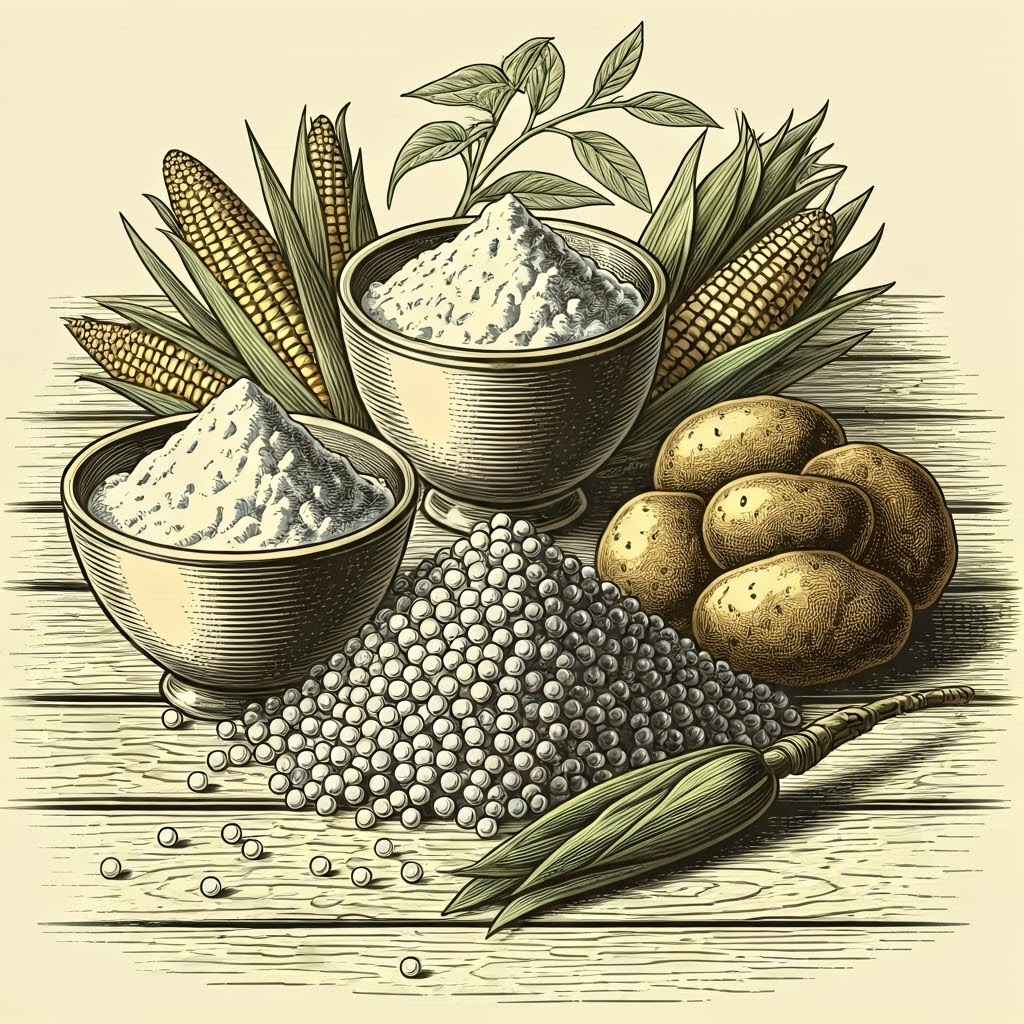 Engraving displays cornstarch, tapioca, and potato starch on a rustic table.
