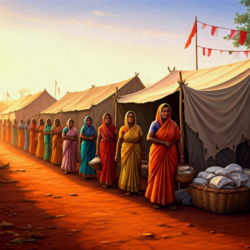 Dalit women waiting outside a relief tent in rural India, capturing resilience amid overlapping caste and gender bias