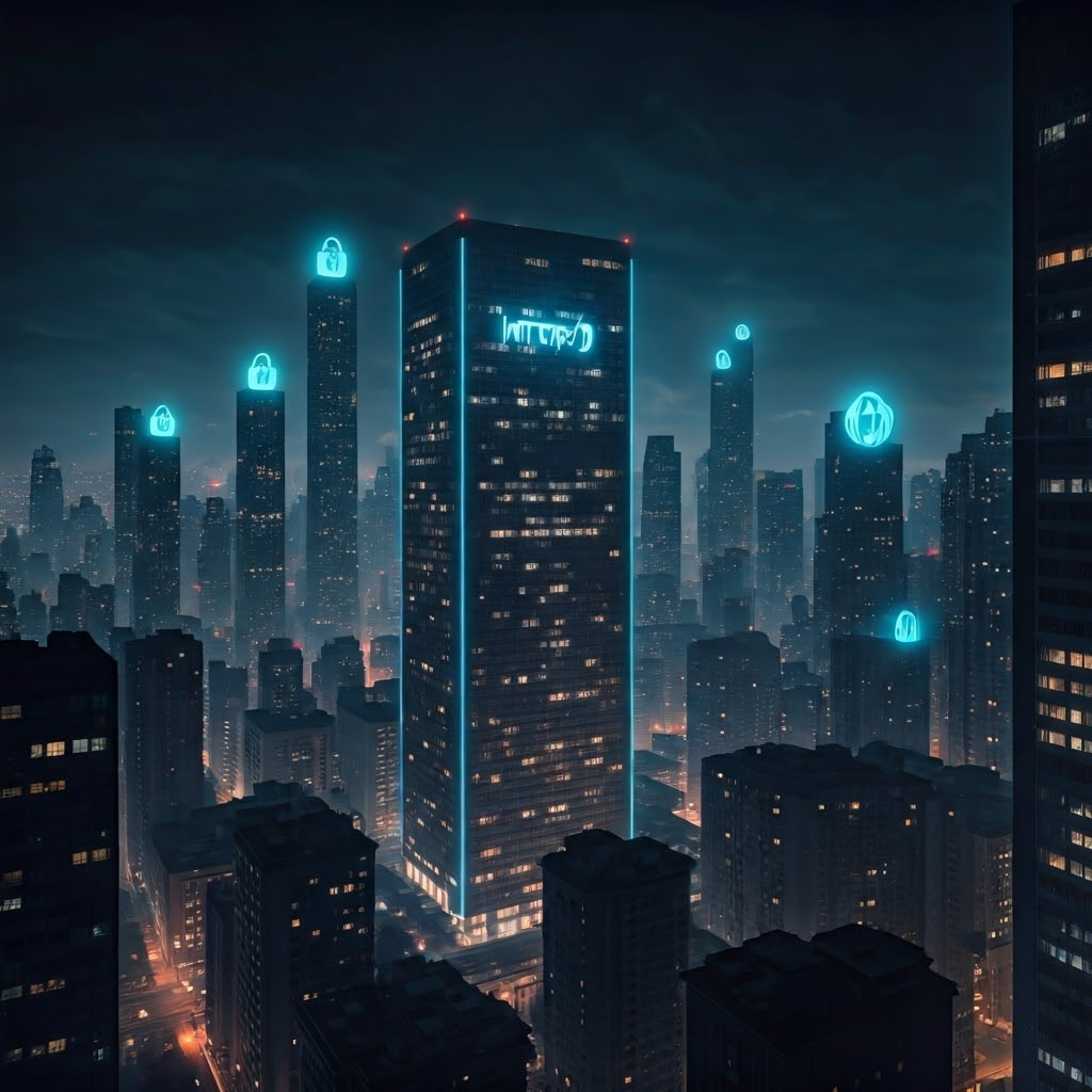 Cyberpunk skyline lit by glowing HTTP/3 symbols and secure data locks