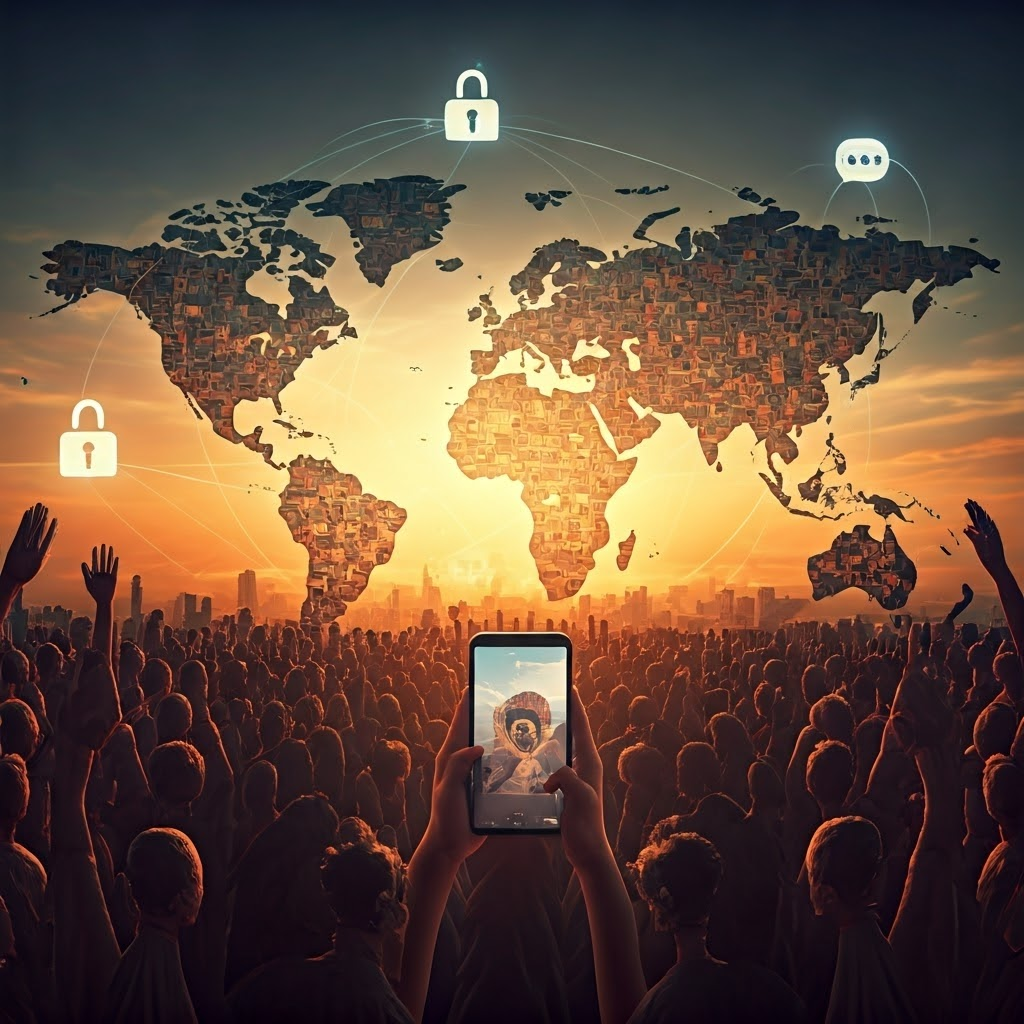 A panoramic vista showing a global mosaic of activism: hands holding phones, people sharing maps, encrypted chats floating as holograms, interconnected by glowing threads. Diverse faces merge into a world map backdrop. The sky is dawn orange, symbolizing new beginnings. Style: epic fantasy digital mural with rich details and layered depth, evoking unity and ongoing revolution.