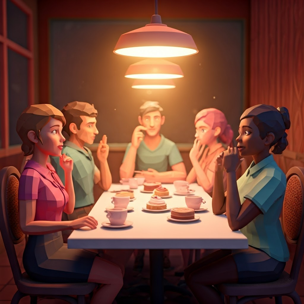 Group of strangers at café debating dessert choices, colorful pastries on table, playful low-poly style