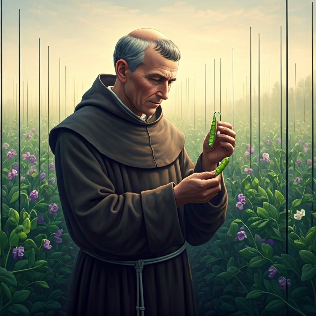 Gregor Mendel in a Victorian garden at dawn inspecting pea plants, gentle morning light highlighting rows of blossoms.