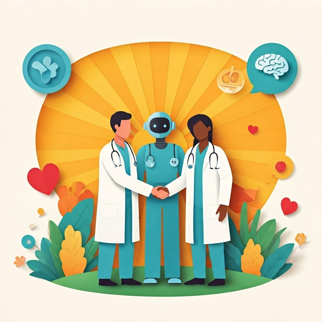Bright papercut collage with diverse doctors and friendly robot greeting the sunrise together.