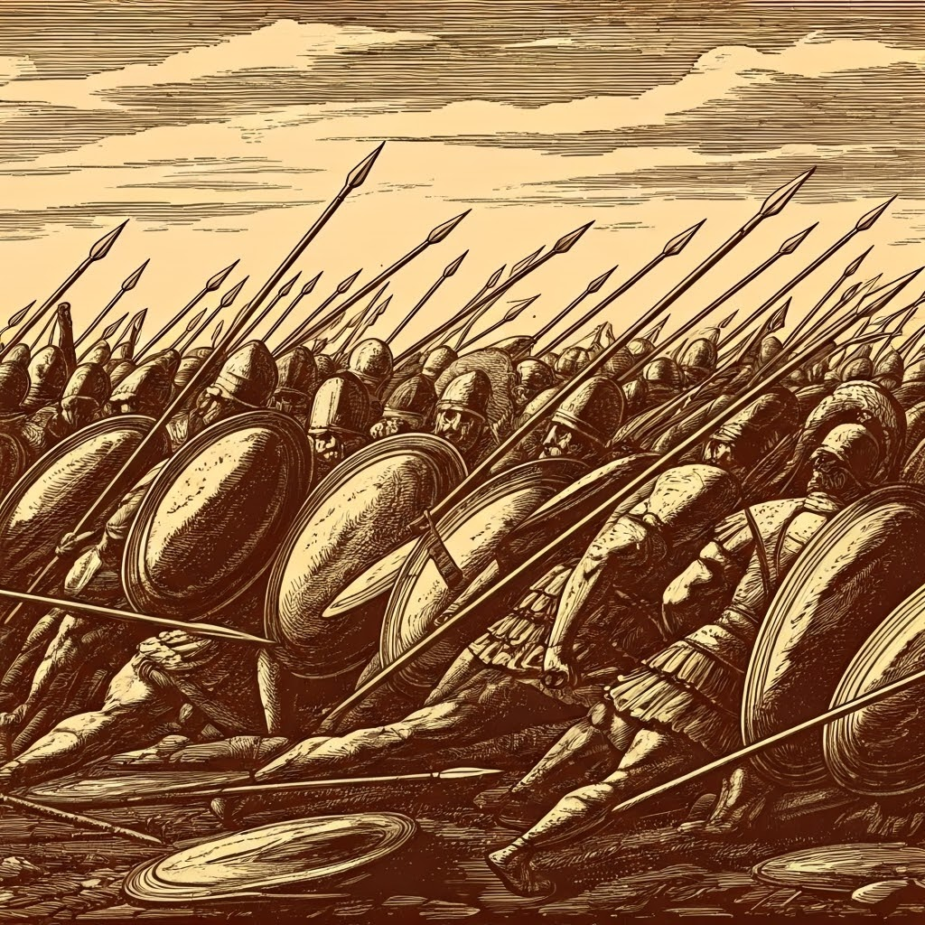 Lines of hoplites collide in a thunderous clash, spears crumpling and shields grinding.