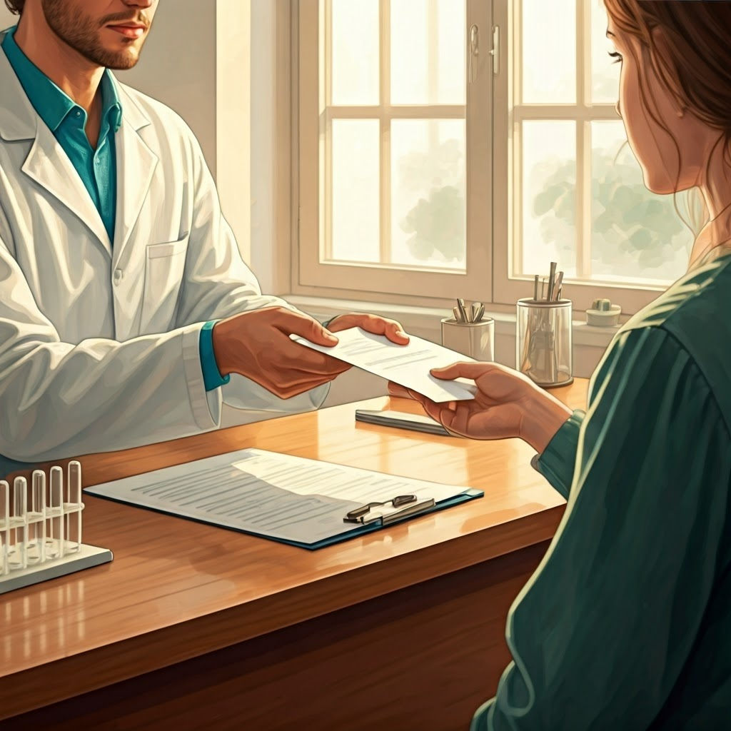 Researcher offers a consent form across a desk bathed in calm light, underscoring the weight of permission in DNA testing.