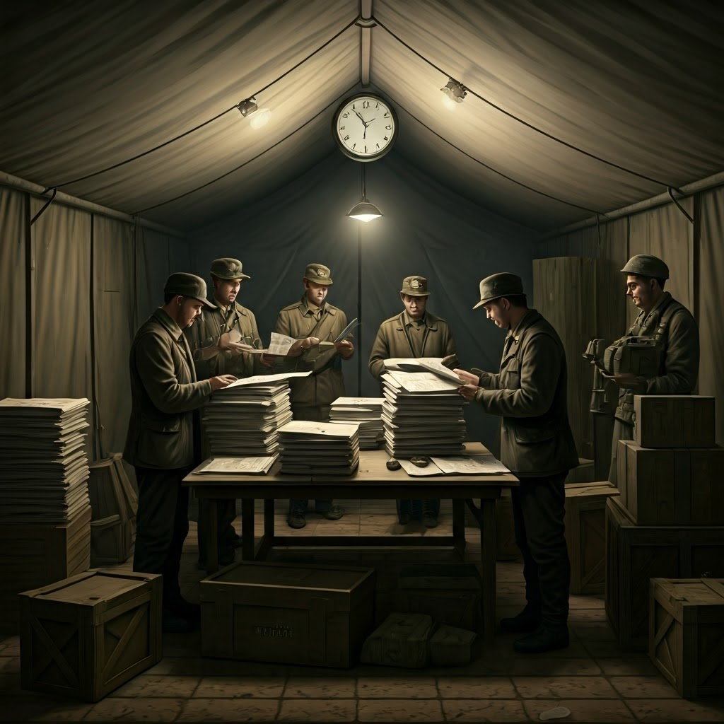 A dimly lit command tent where negotiators from both sides pore over stacks of prisoner lists and maps, tension visible in their posture, a clock showing late evening, crates of supplies around. Style: realistic digital illustration with muted earth tones.