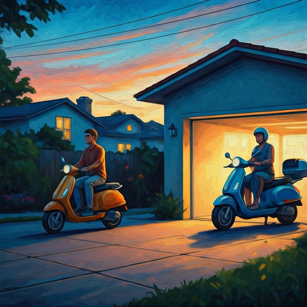 Shared scooters in use while a homeowner parks a private scooter inside a garage at dusk.