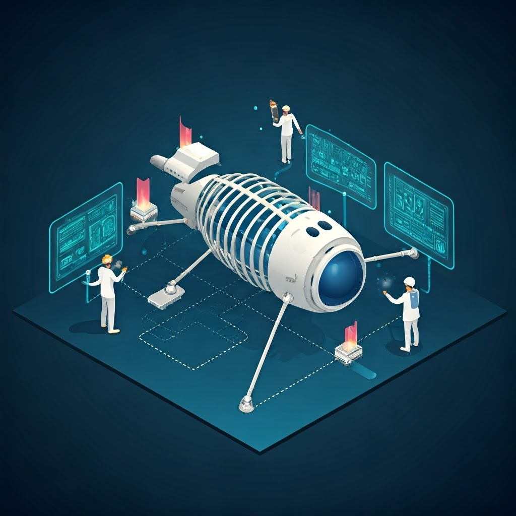 Isometric infographic showing structure, wiring, and command nodes working together inside a spacecraft