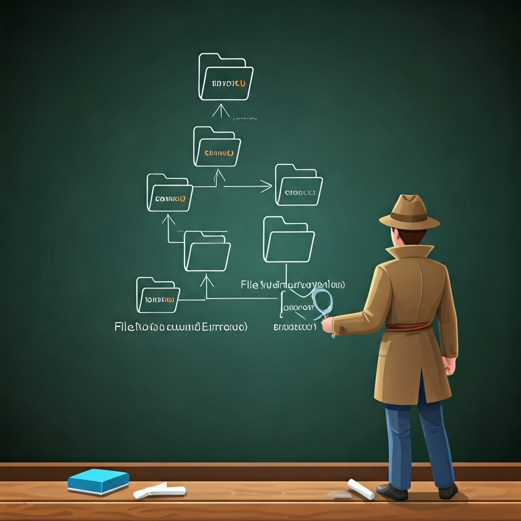 Detective examines folder tree and Python error messages on a chalkboard, symbolizing troubleshooting path mistakes