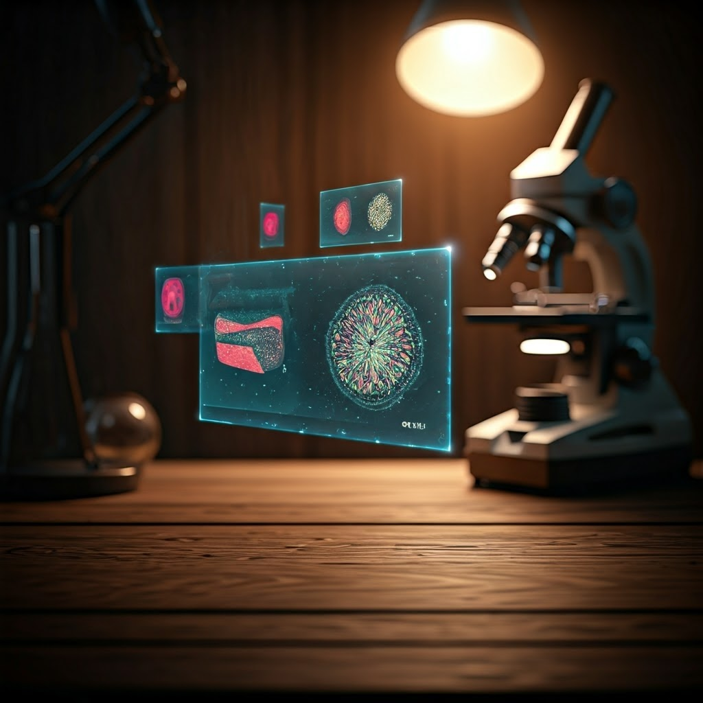 Vintage desk with holographic slides predicting cancer aggressiveness.