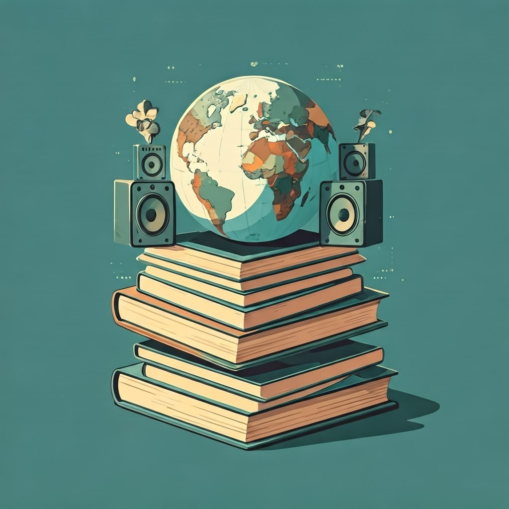 Collage of public-domain audiobooks stacked around a globe of diverse speakers