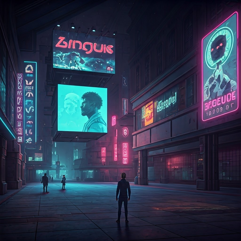 Virtual plaza with avatars under looming corporate billboards, lone figure at neon crossroads, dystopian VR fantasy art.