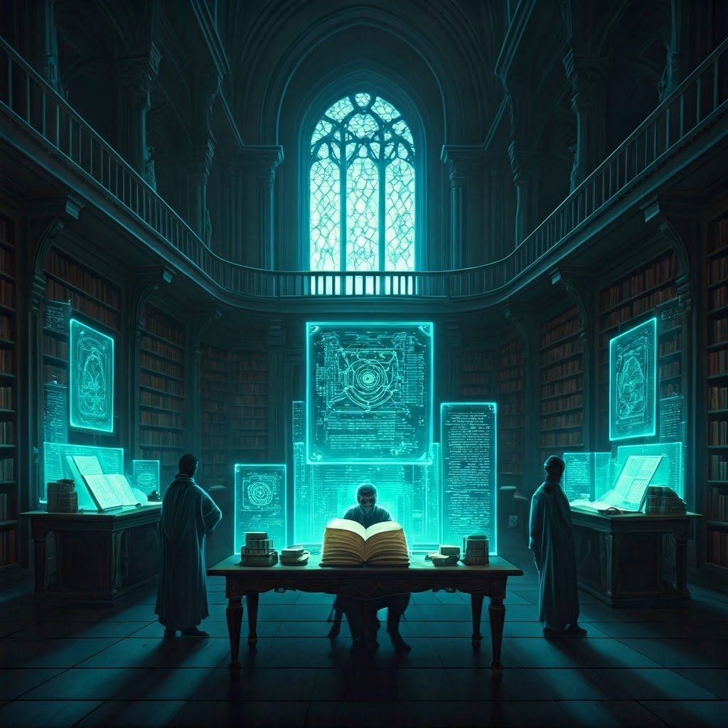 A futuristic library where ancient manuscripts meet modern holographic displays, reflecting the bridging of past and future.