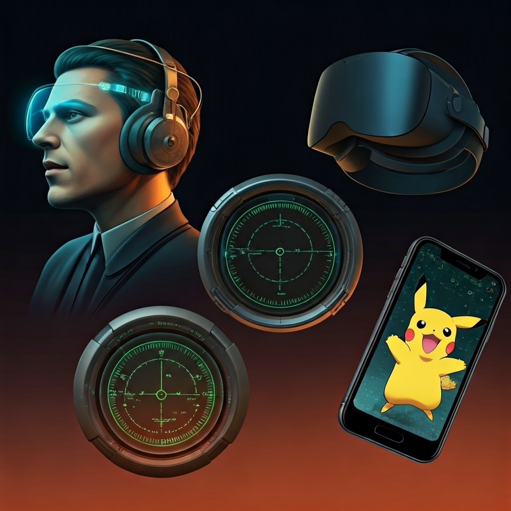 Collage of the Sword of Damocles, VPL data glove, early HUD, Oculus Rift, and Pokémon Go, marking milestone devices