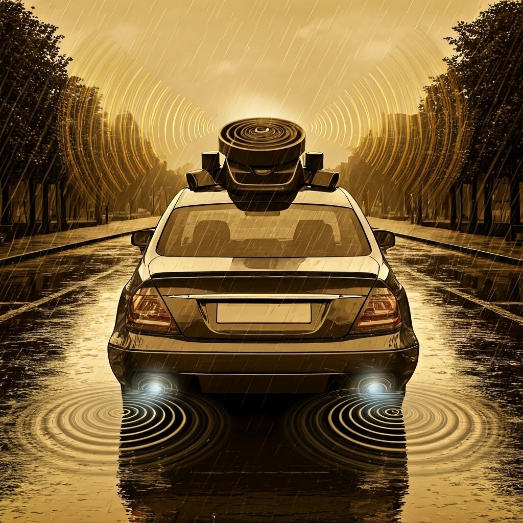 Roof-mounted lidar spins, mapping buildings and trees as concentric laser points while ultrasonic ripples surround bumpers on a rainy street