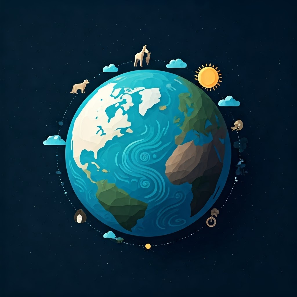 Earth with glowing polar caps linked by swirling currents and wildlife icons—emphasizing global balance born at the poles.