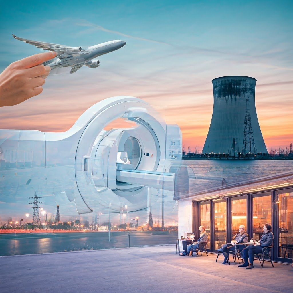 A pastel collage layers a smartphone map, jetliner, PET scanner, power plant, and café scene into one serene composition.