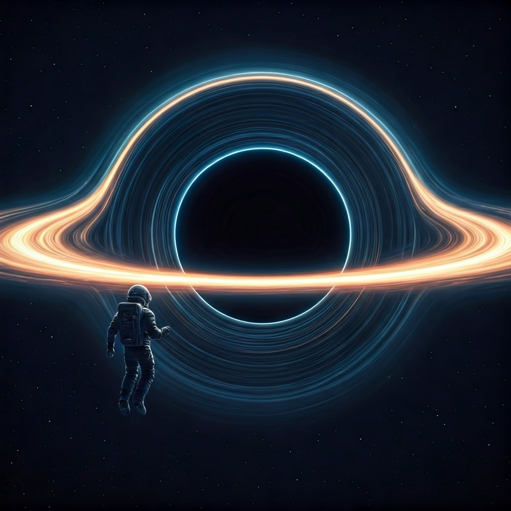 Digital art of an astronaut drifting near a dark void, stars visibly distorted around the black hole