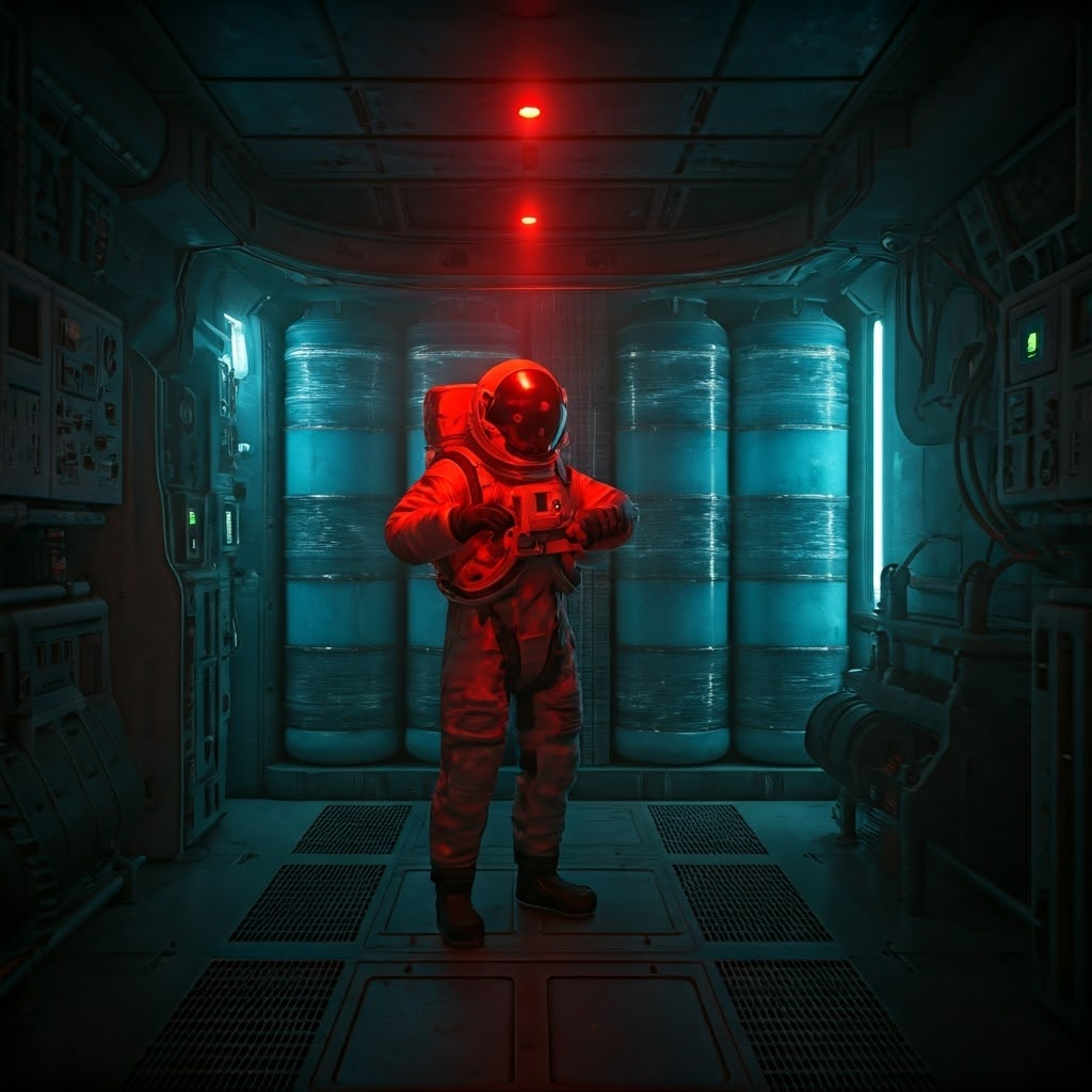 Astronaut checks a dosimeter in a shielded sleeping area lined with water tanks for added protection.