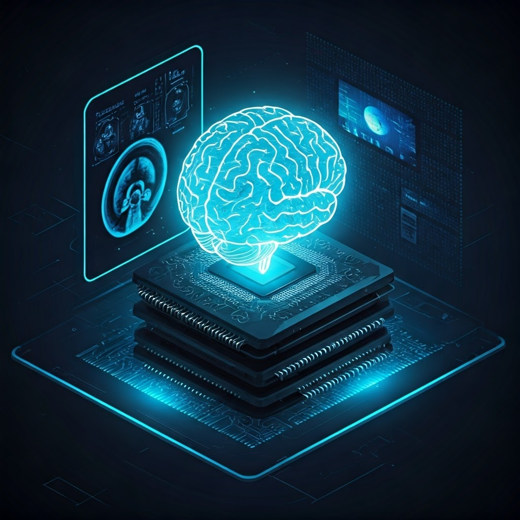 A glowing brain-shaped circuit sits on hardware chips as neon data streams race toward high-end GPUs.