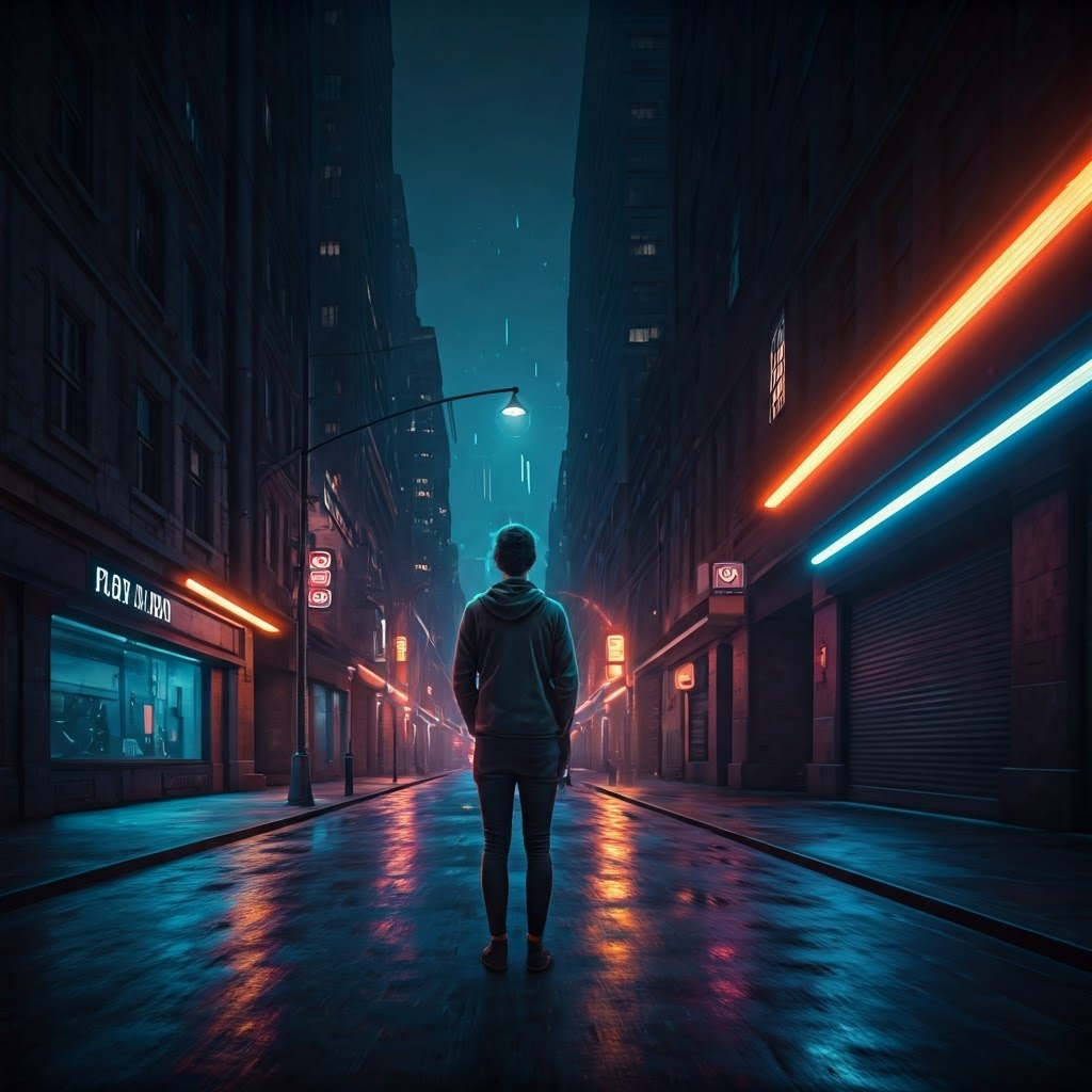 A person flicks through phone photos at dusk while AI overlays mood tags, face highlights, and street-sign text in real time.