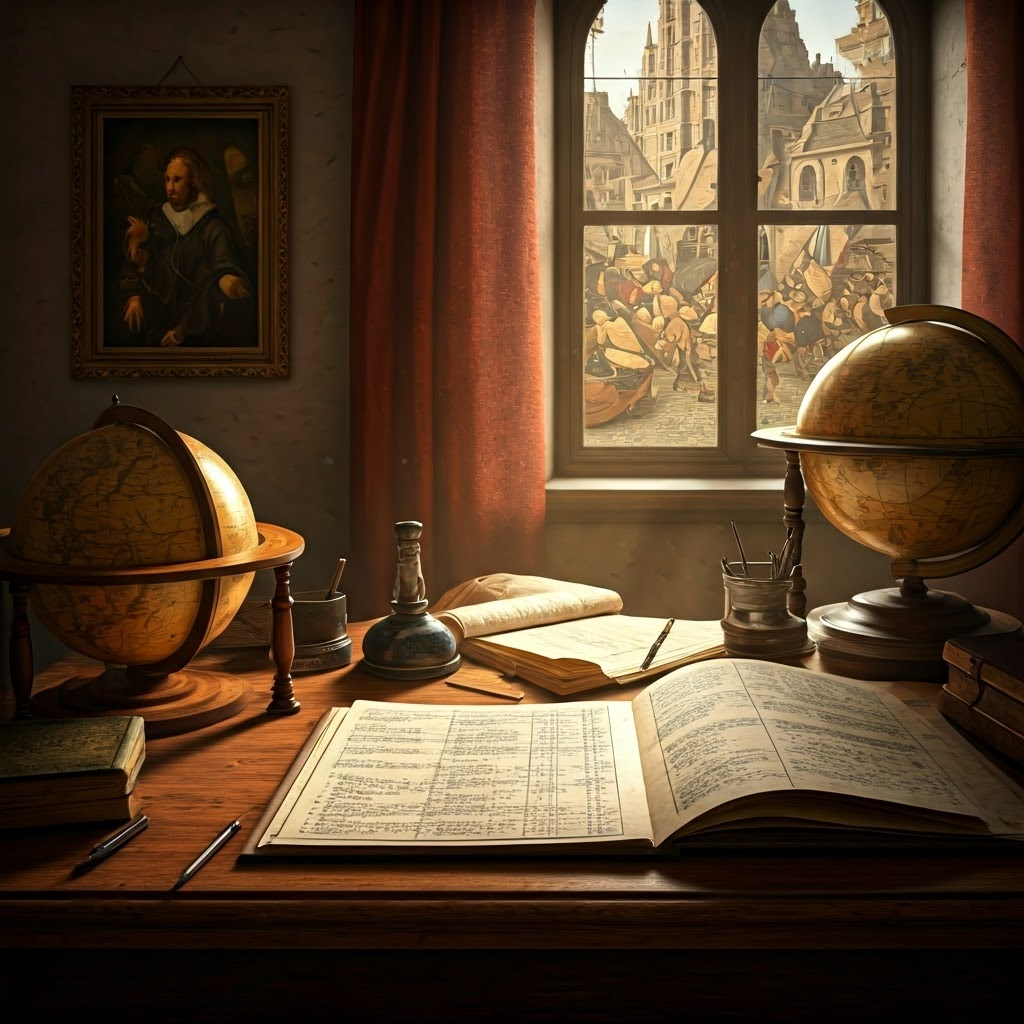 Merchant office still life with ledgers, quills, globe, and sea charts under a single window