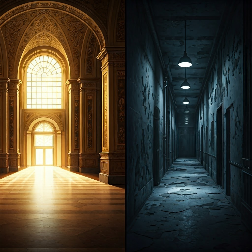 A sunlit marble hall contrasts with a dark, narrow corridor, showing how space alone shapes emotion.