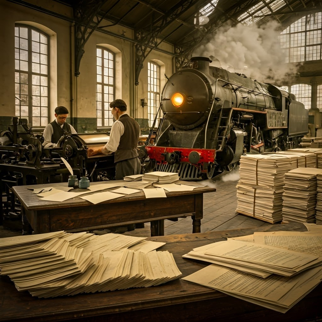 Steampunk-inspired montage of a busy 1840s printing press room and a steam locomotive ready to carry freshly printed newspapers across borders.