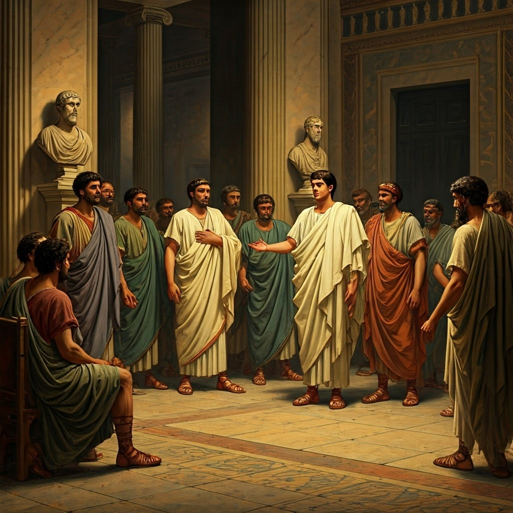 Young Roman noble addressing loyal clients, illustrating patronage ties