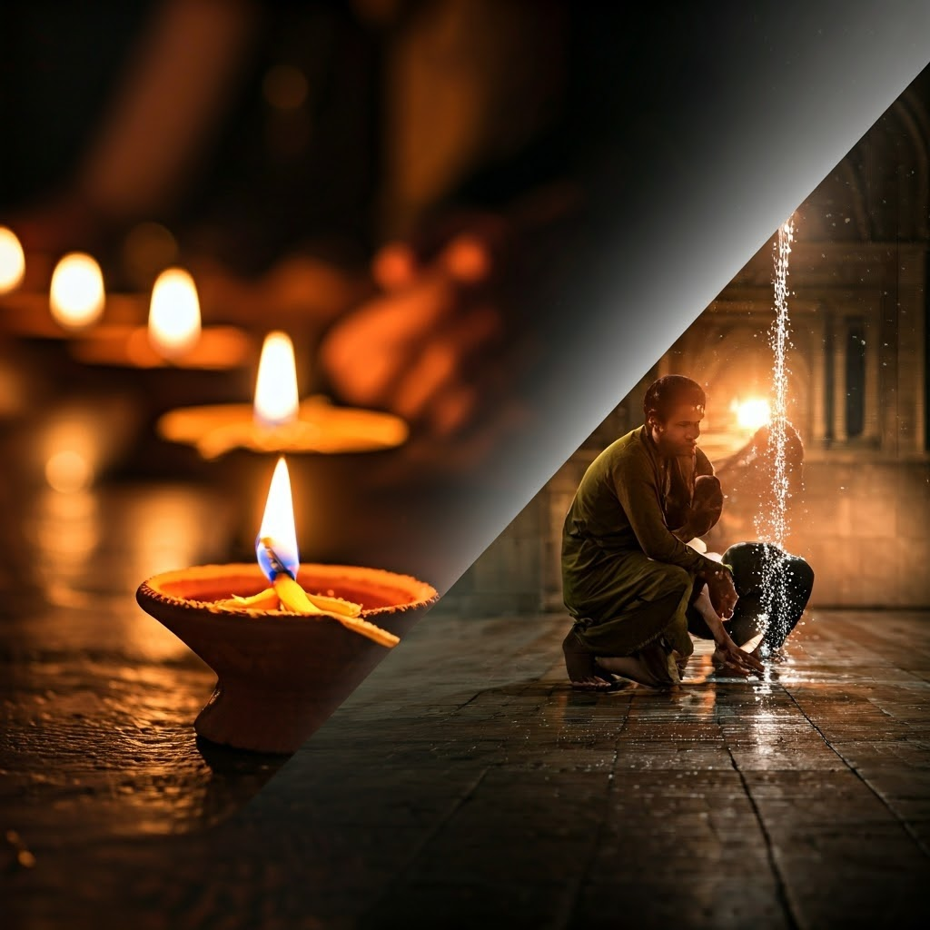 Two families greet dusk—one lights clay lamps, the other performs pre-prayer washing—showing shared ritual warmth across cultures.