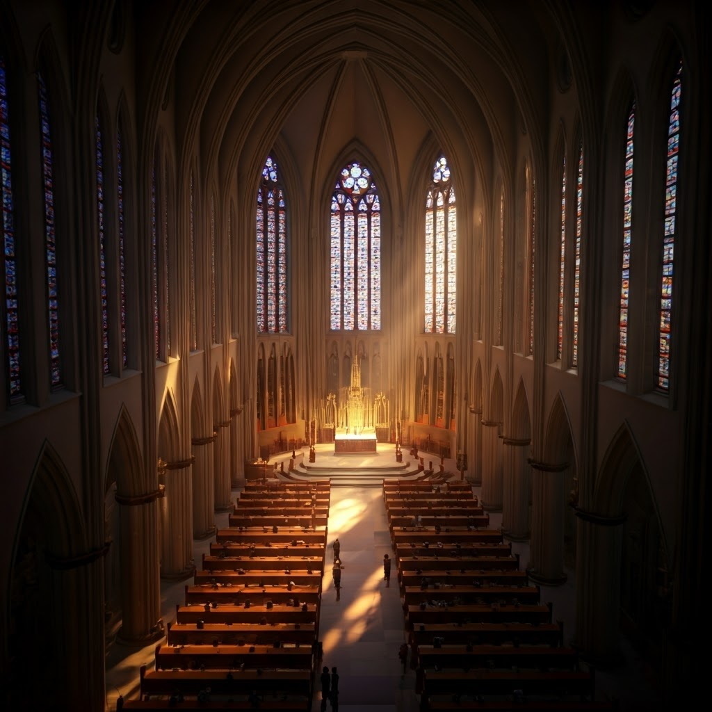 Sunlit cathedral nave seen from above, colored shafts guiding worshippers toward a distant altar