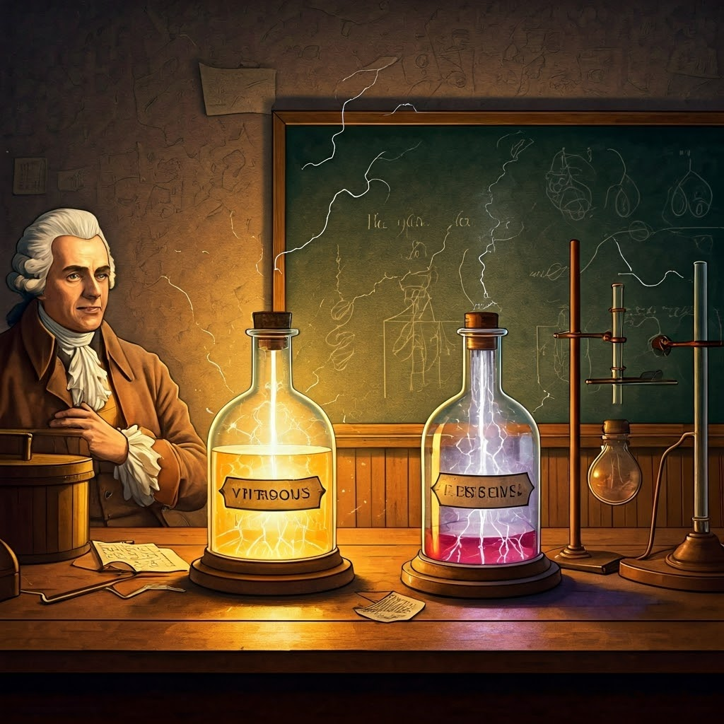 Professors compare two glowing fluids in vials while a student holds a Leyden jar, showing 18th-century theories of electricity.